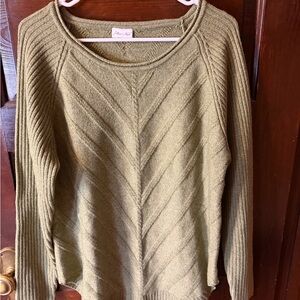 Olive Green Textured Chevron Knit Sweater Pullover Ribbed Sleeves L